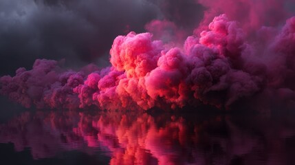dark ominous smoke cloud over water fiery pink smoke bursts amidst dark clouds