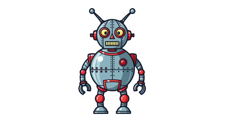 Cute Retro Cartoon Robot with Antennae and Red Accents.