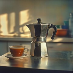 Morning brew , Classic moka pot and espresso cup catching the sun's warmth