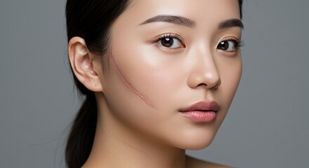 Naklejka premium A young lightskinned Asian woman with a prominent facial scar on her right cheek