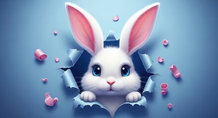 Adorable white bunny peeking through torn paper with pink petals and bubbles festive spring easter theme
