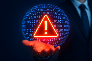 Cybersecurity threat warning digital globe with glowing exclamation mark held in hand