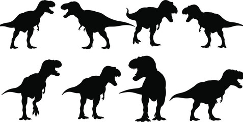 Silhouette illustrations of various Tyrannosaurus rex poses, showcasing dynamic dinosaur movement, ideal for educational, science, and prehistoric designs.
