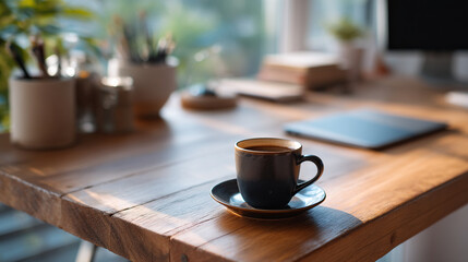A cup of coffee on a desk with a laptop and plants in the background near the window light