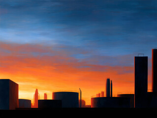 Silhouetted City Skyline at Dramatic Sunset with Vibrant Sky
