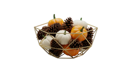 Autumnal golden geometric bowl filled with mini pumpkins and pinecones, ideal for Thanksgiving table centerpieces, fall holiday decorations, blog graphics, or seasonal retail displays.
