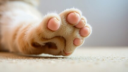 Closeup of a ginger cats paw, showcasing its soft pads and fur, capturing the essence of feline comfort