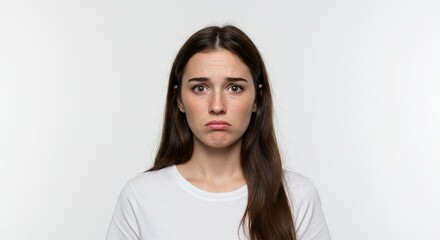 Fototapeta premium A young woman with freckles and brown hair wearing a white shirt displays a sad expression against a plain background