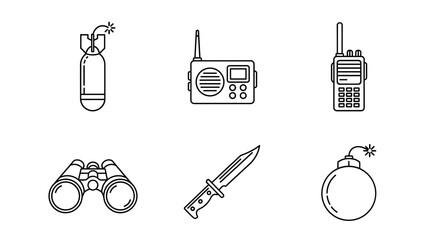 Line art illustration of military equipment including bombs radio binoculars and a knife design elements