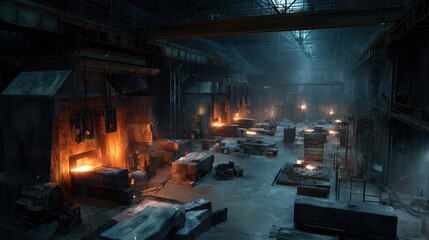 create a cyberindustrial depiction of a forge in a dystopian manufacturing hub