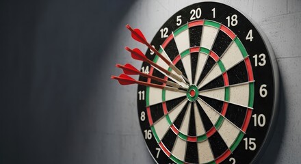 Close-up of a dartboard with multiple darts embedded in the bullseye and scoring sections capturing a moment of successful aim and precision in a game.