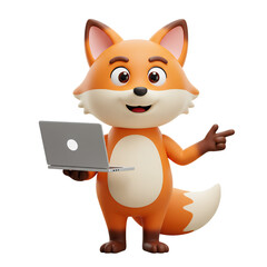 Fototapeta premium Cute cartoon fox character holding a laptop and pointing with a friendly expression against a black background