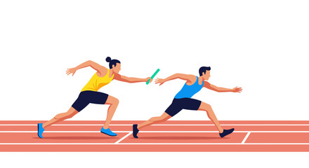 Athletes in a relay race on a track passing the baton during a competition for sporting event excellence