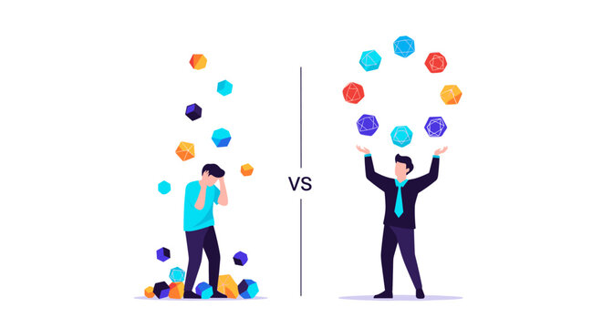 Juggling Multiple Tasks Versus Focused Work A Visual Metaphor for Productivity and Stress Management Techniques
