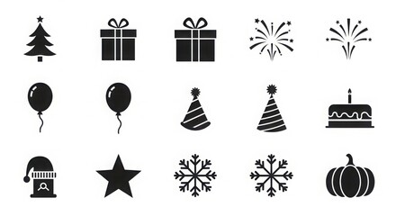 Collection of festive icons featuring christmas tree gifts balloons party hats fireworks cake snowflakes star and pumpkin for celebrations