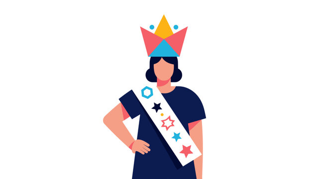 Celebrating a Victorious Young Woman Crowned Queen of a Prestigious Competition adorned with a Colorful Sash Awarded for Her Achievements