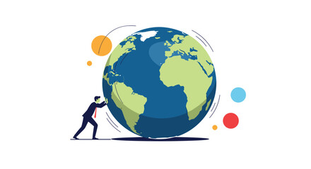 Naklejka premium Businessman pushing the planet earth representing global business challenges and economic growth opportunities for worldwide corporations and entrepreneurs