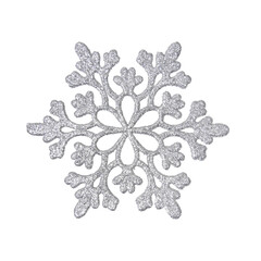 A Christmas decorative tree ornament in the shape of a silver shiny snowflake, isolated on a transparent background with clipping path. Design element for Christmas card