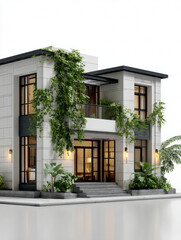 Modern two-story house with greenery and warm lighting

