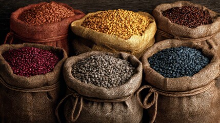 Ai generated image of an assortment of colorful lentils in burlap sacks creates a vibrant and textured display of natural food ingredients, perfect for culinary themes