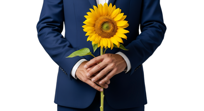 Professional man in a navy suit holding a bright yellow sunflower, symbolizing gratitude, appreciation, and growth. Ideal for corporate gifting, customer service, business sustainability,
