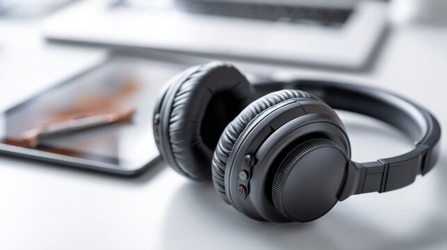 Black headphones resting on a white surface with a tablet and laptop in the background on a desk
