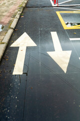 Fototapeta premium Directional Arrows on Wet Pavement Surface