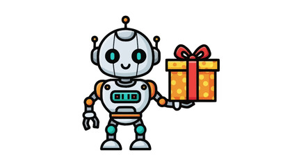 Cartoon Robot Holding a Gift Box with Red Bow.
