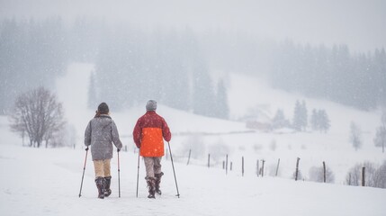 senior couple hikers with nordic walking poles in snowcovered winter nature no logos no brands ar 169