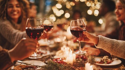 holidays celebration and people concept  happy friends having christmas dinner at home drinking nonalcoholic red wine no logos no brands ar 169