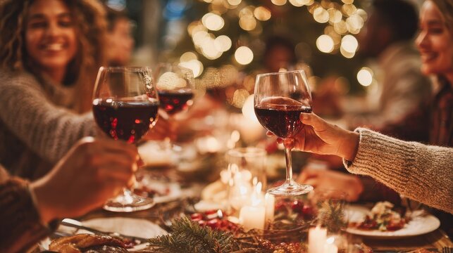 holidays celebration and people concept  happy friends having christmas dinner at home drinking nonalcoholic red wine no logos no brands ar 169