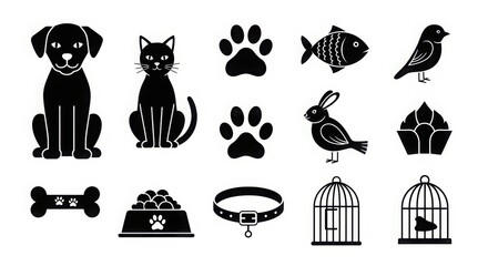 Collection of pet icons and symbols featuring dogs cats paw prints birds fish and cages for animal lovers and pet businesses