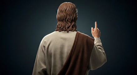 Back view of a person with long brown hair and a brown shawl pointing upwards on a dark backdrop