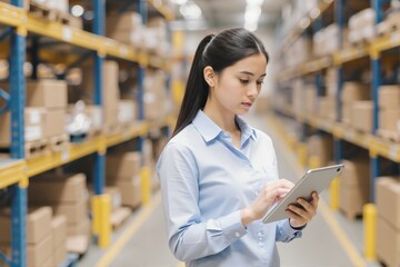 Warehouse worker using a tablet for inventory management