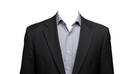 Black suit jacket paired with a light blue dress shirt isolated on white
