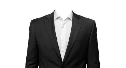 Black suit jacket with a white buttondown shirt on a white background