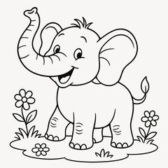 Obraz premium Happy cartoon elephant surrounded by flowers in coloring page concept 