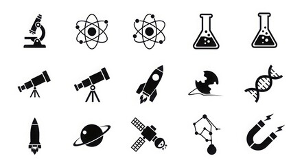 Collection of science and technology icons featuring microscopes telescopes rockets and dna for educational and research projects