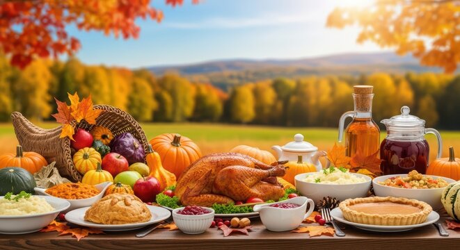 Delicious Thanksgiving feast with roasted turkey and autumn decor. Traditional holiday dinner served on wooden table outdoors.