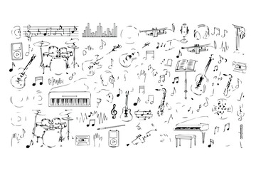 Intricate black and white sketch of musical notation and instruments overlapping in a chaotic yet harmonious composition