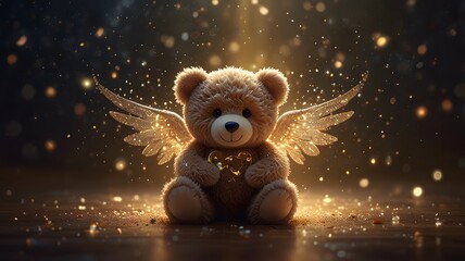 A cute brown teddy bear with golden angel wings, sitting on the floor surrounded by magical glowing lights and particles. Fantasy and memorial concept