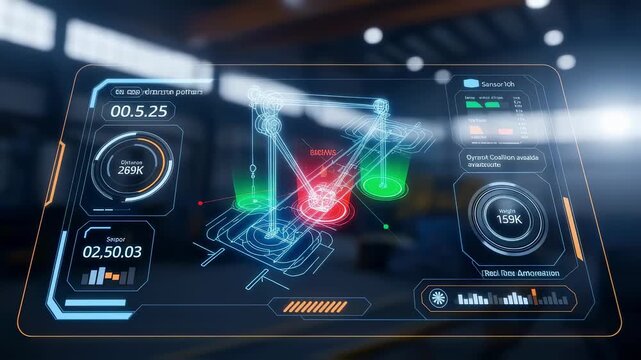 Animated interface of intelligent crane dashboard showing dynamic collision avoidance patterns and sensor data integration in industrial environment.
