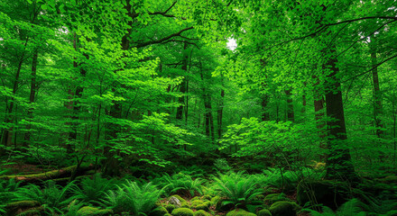 Obraz premium Dense Lush Green Forest Interior with Rich Vegetation and Natural Light