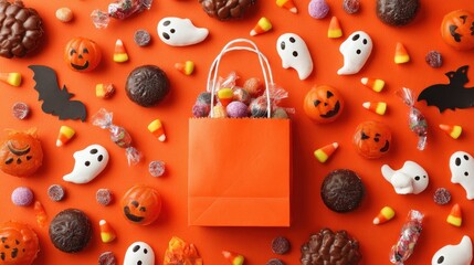 halloween sweets and holiday concept candies in paper bag and decorations on orange background no logos no brands ar 169