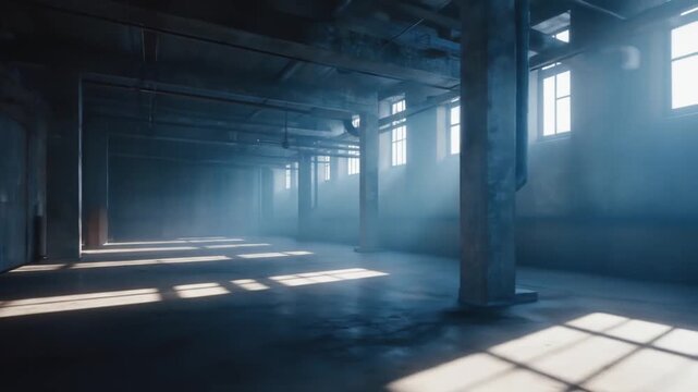 Sunlight streaming through windows in an empty industrial warehouse with shadows on the floor