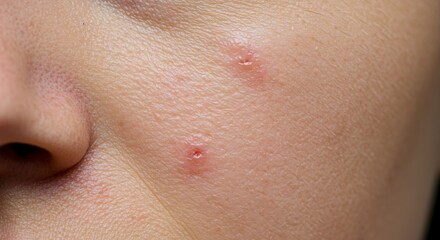 Closeup of a face shows two skin lesions next to the nose
