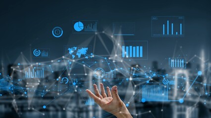 This image illustrates a hand reaching out to interact with futuristic digital data visualizations...