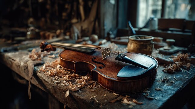 a beautifully crafted violin rests on a wooden workbench surrounded by shavings in a workshop evoking a sense of artistry tradition and musical heritage