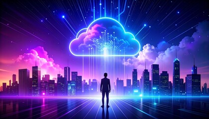 Futuristic Cloud Computing Concept with Digital Data Streams Over City Skyline2