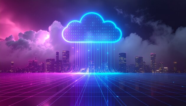 Futuristic Cloud Computing Concept with Digital Data Streams Over City Skyline - Powered by Adobe